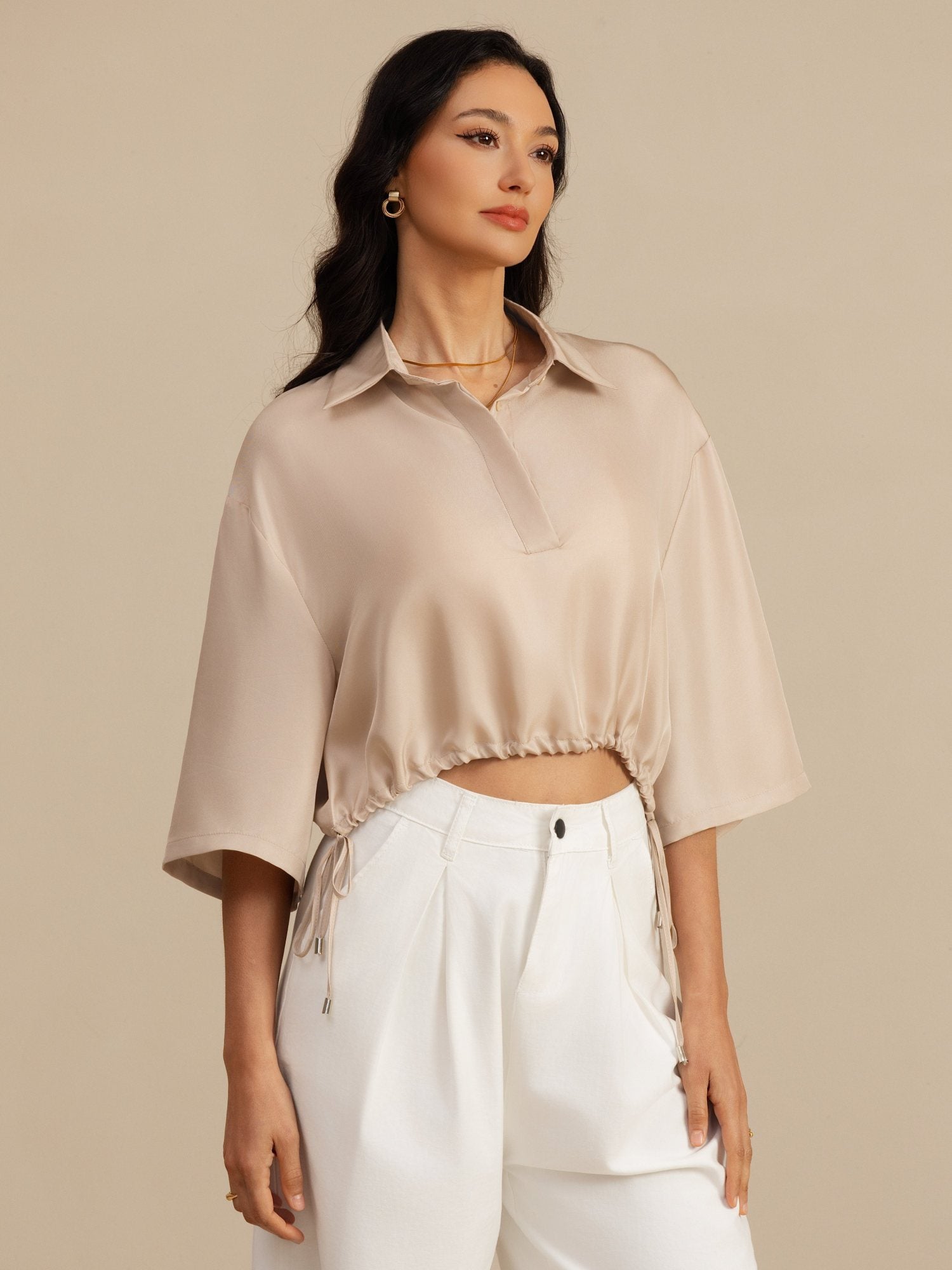 [Tan] SilkSilky 18Momme Silk Satin Surah Half Sleeve Lapel Collar Blouse 001