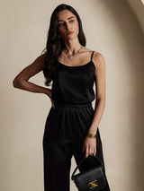 [Black] SilkSilky  19Momme Stretch Silk Charmeuse Spaghetti Strap Scoop Neck Camisole Top 003