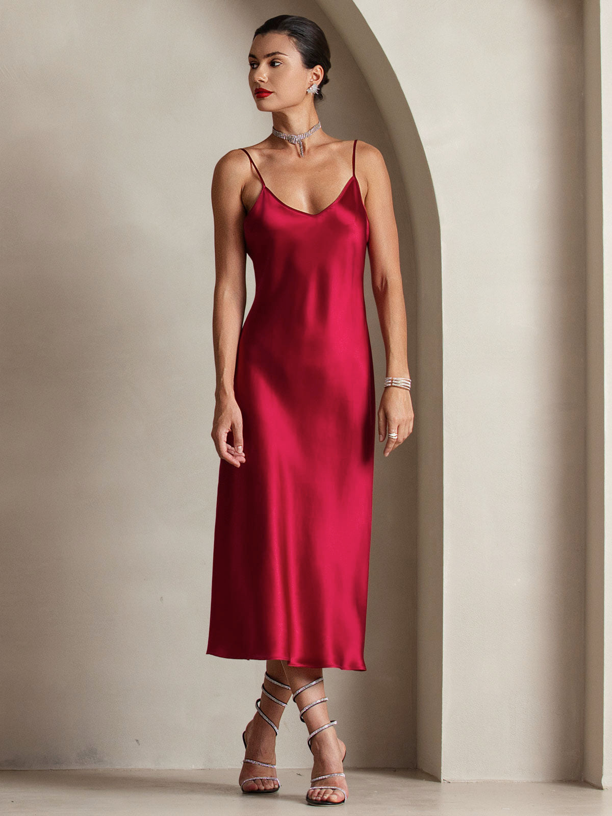 [Wine] SilkSilky  Pure Silk Round Neck Dress 004