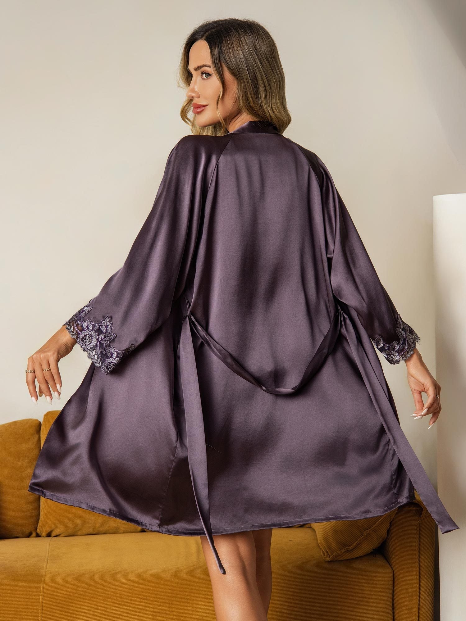 [PurpleGray] SilkSilky Pure Silk Wrap Nightgown&Robe Set 003