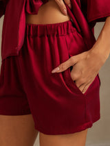 [Wine] SilkSilky  19Momme Machine-Washable Silk Half Sleeve Notch Collar Women's Pajamas 005