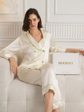 SilkSilky Pure Silk Long Sleeve V Neck Women's Pajamas Beige 005