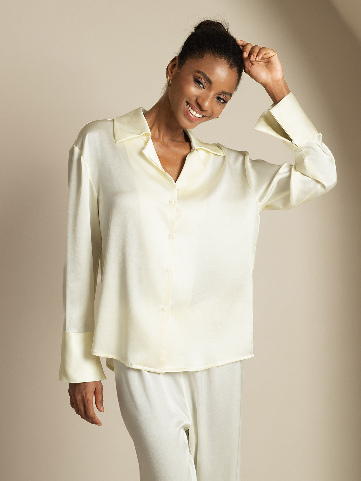 [Ivory] SilkSilky  19Momme Silk Notch Collar Women's Shirt 001