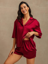[Wine] SilkSilky  19Momme Machine-Washable Silk Half Sleeve Notch Collar Women's Pajamas 006