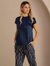 [Dark Blue] SilkSilky Short Sleeve Split Women's Blouse 004
