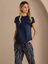 [Dark Blue] SilkSilky  Short Sleeve Split Women's Blouse 004