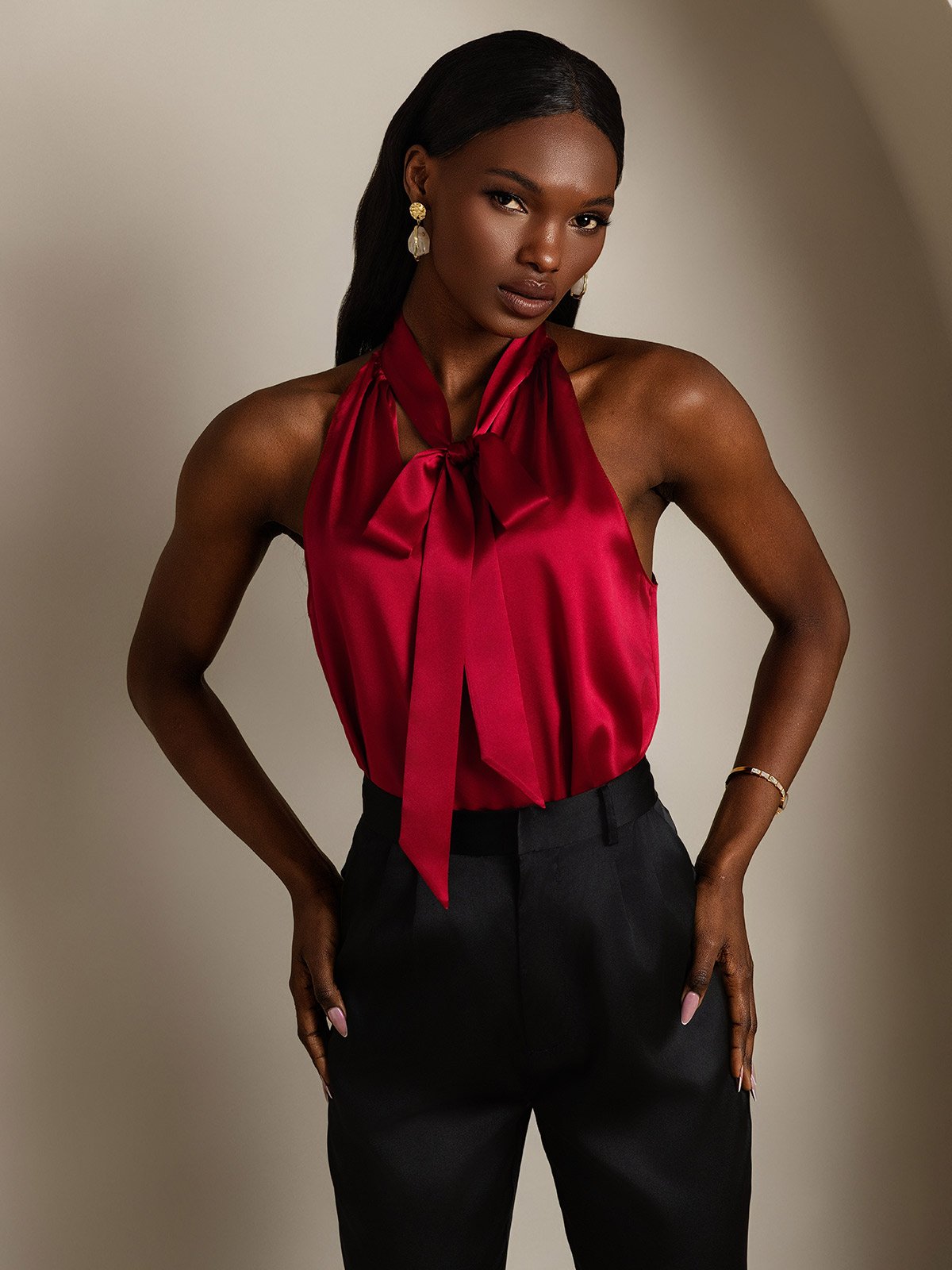 SilkSilky  19Momme Silk Sleeveless Tie Neck Women's Shirt Wine 004