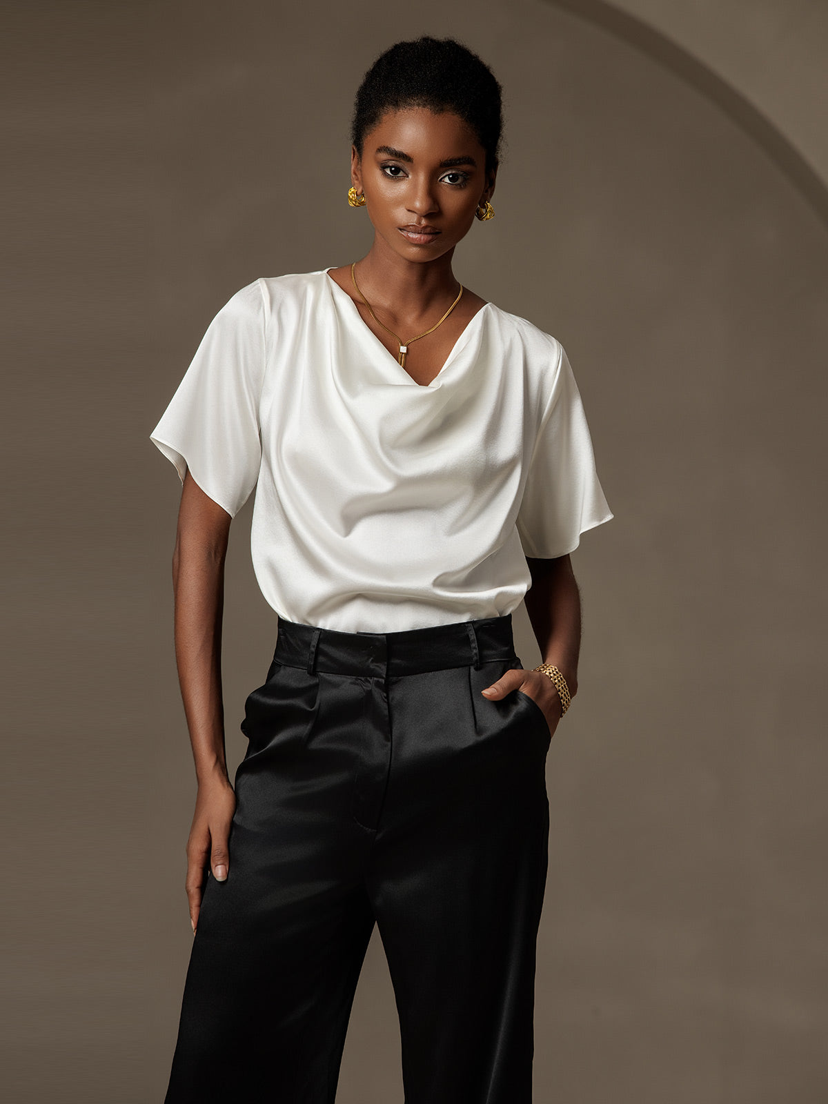 [White] SilkSilky  19Momme Silk Cowl Neck Women's T-Shirt 004