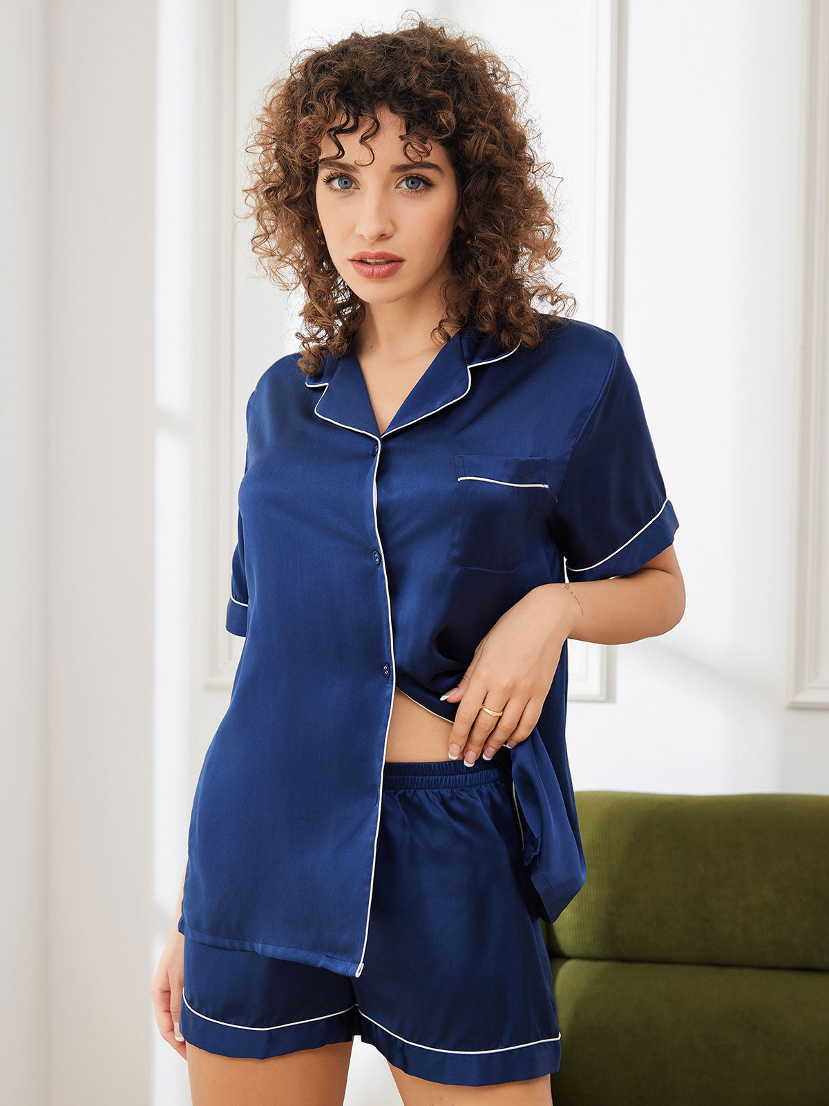 SilkSilky  Pure Silk Short Sleeve Lapel Women's Pajamas DarkBlue 003