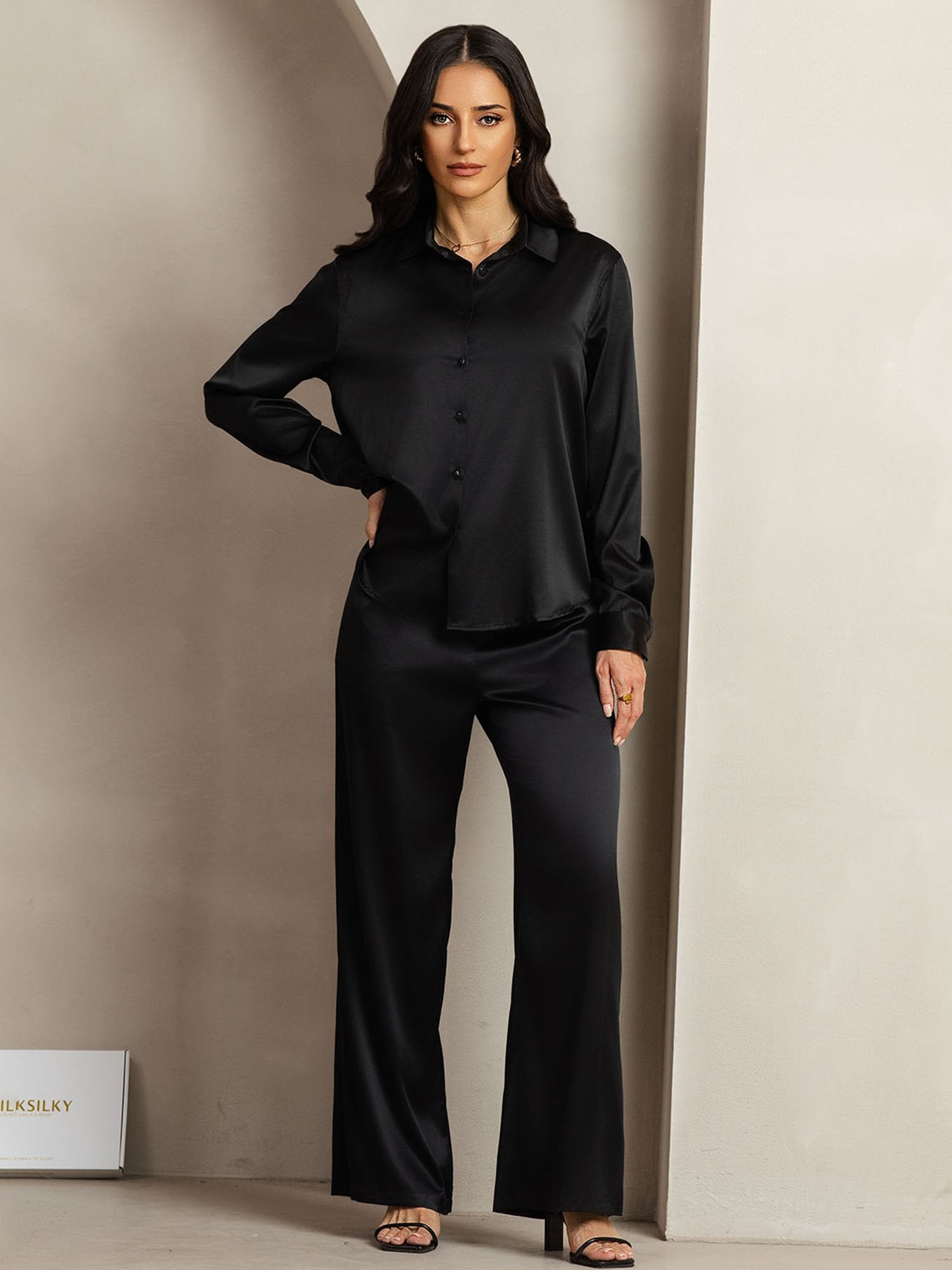 [Black] SilkSilky 19Momme Silk Lapel Collar Women''s Outfit Sets 004