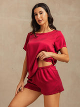 [Wine] SilkSilky  Short Sleeve Round Neck Women's Pajamas 007