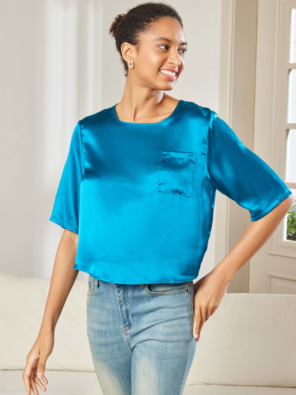 SilkSilky US Pure Silk Half Sleeve Boat Neck Women's T Shirt Teal 003