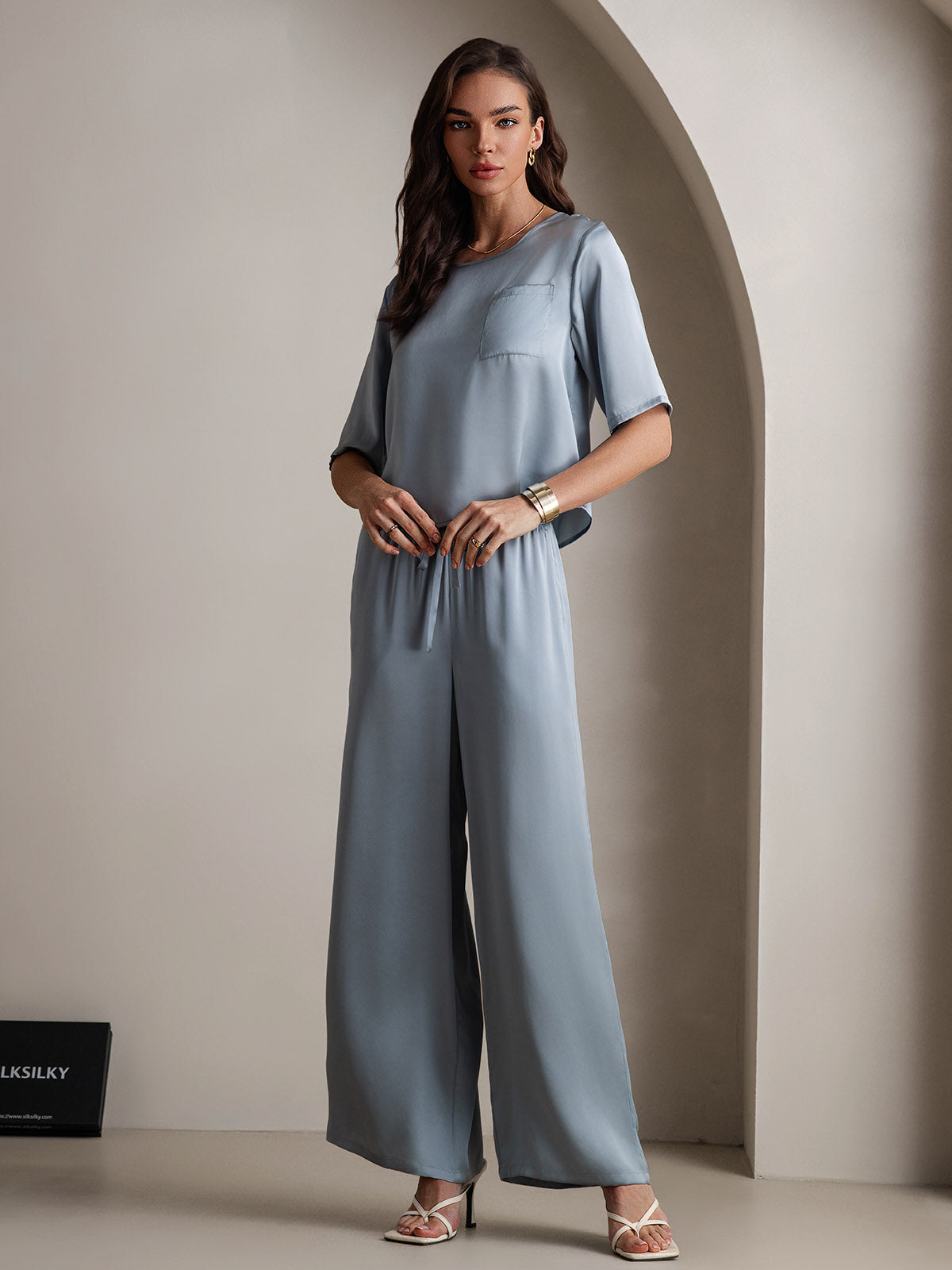 [Grayish Blue] SilkSilky  Pure Silk Round Neck Women's Pajamas 004
