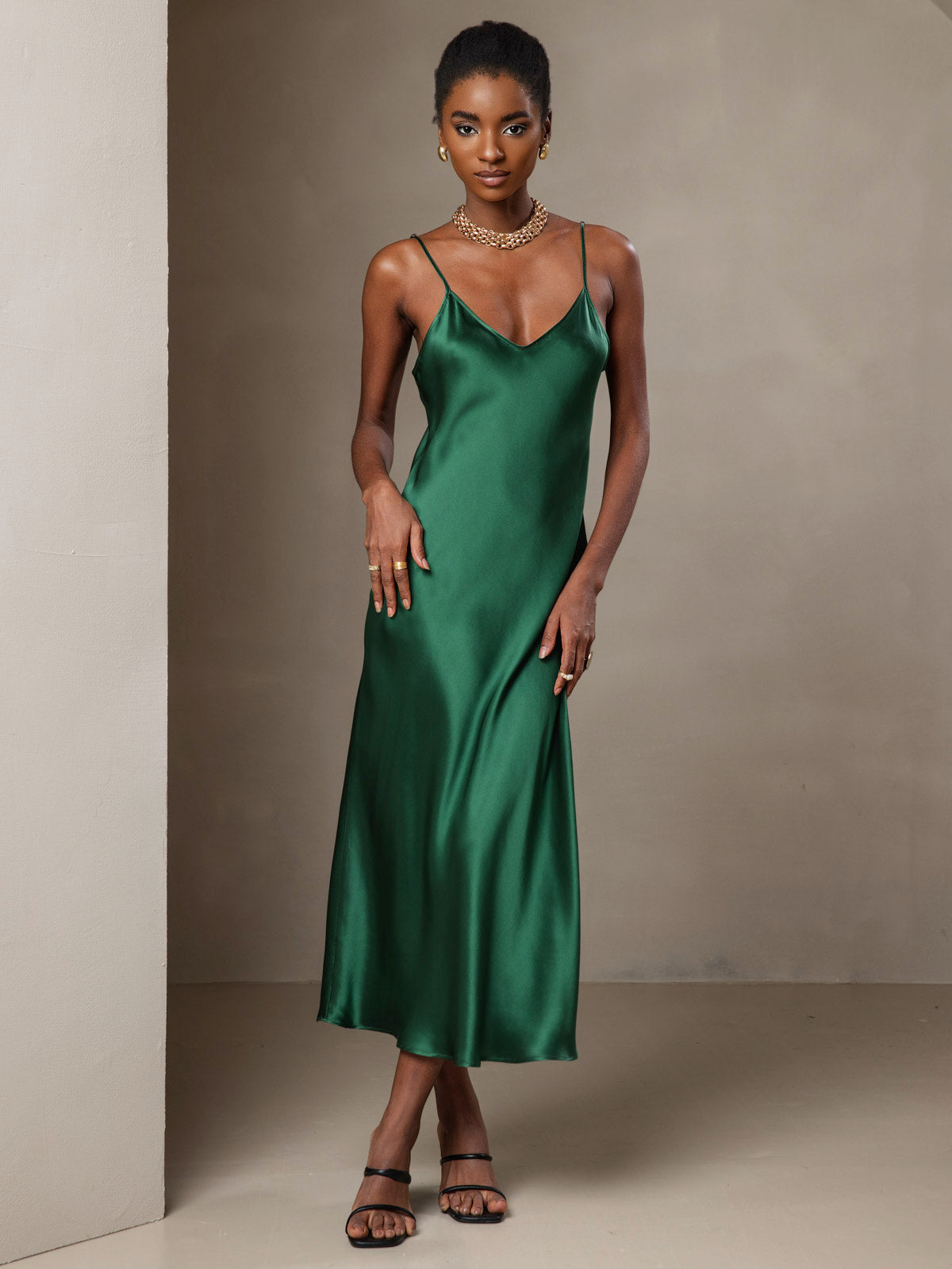 SilkSilky  Pure Silk Sleeveless Round Neck Dress Green 007