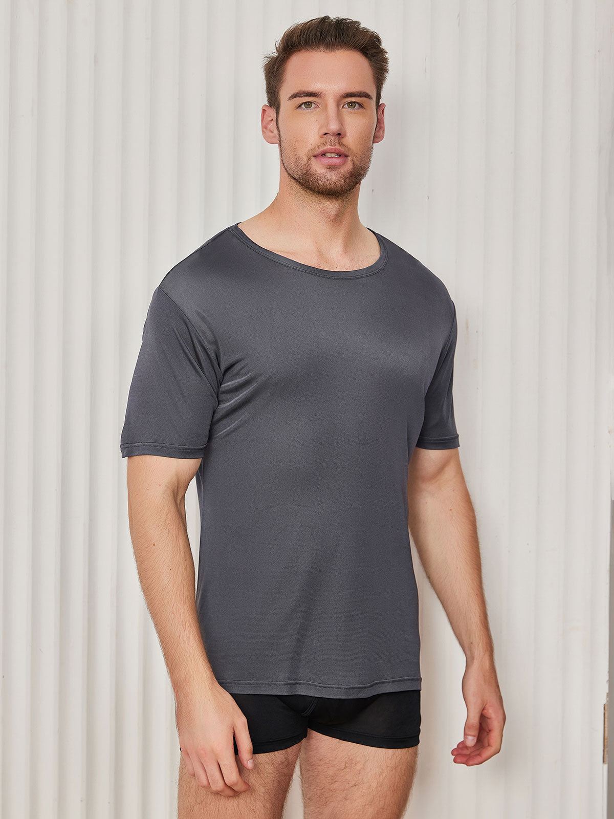 [Dark Gray] SilkSilky  Silk Knitted Round Neck Men's T-Shirt 001