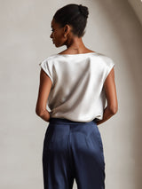 [Light Gray] SilkSilky  19Momme Stretch Silk Charmeuse Cap Sleeve Cowl Neck Women's T-Shirt 002