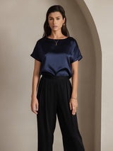 [Dark Blue] SilkSilky  19Momme Stretch Silk Charmeuse Short Sleeve Boat Neck Women's T-Shirt 001