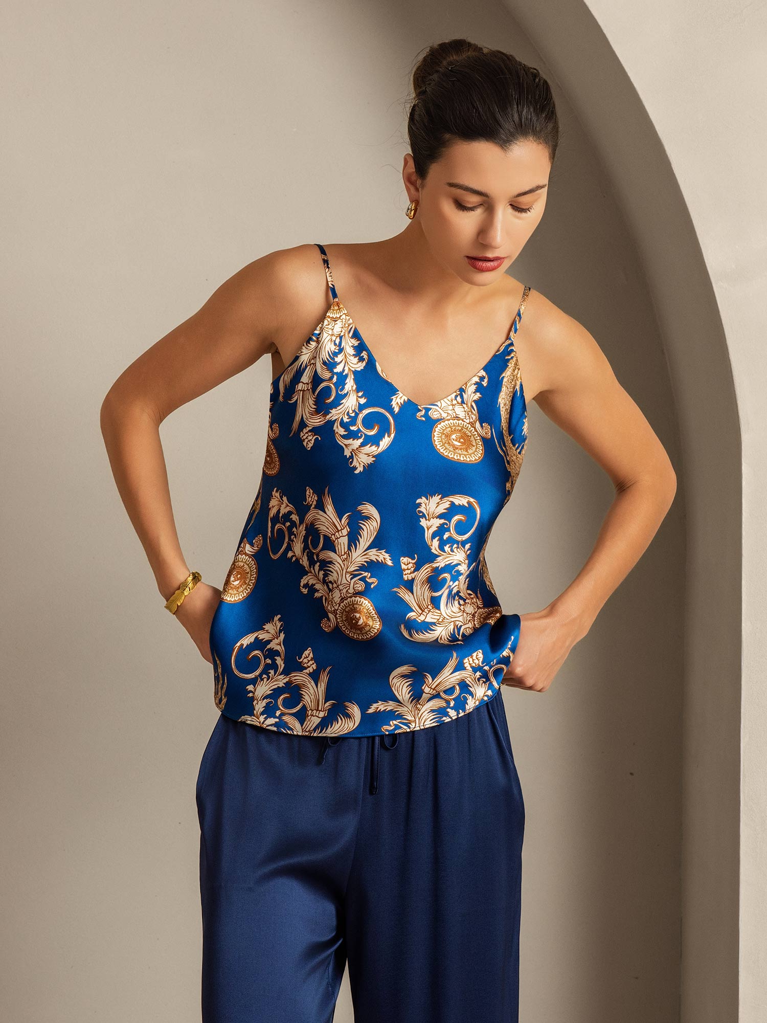 [Navy Dragon] SilkSilky  Pure Silk V Neck Camisole Top 007,