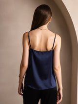 [Dark Blue] SilkSilky  19Momme Stretch Silk Charmeuse Spaghetti Strap Scoop Neck Camisole Top 002