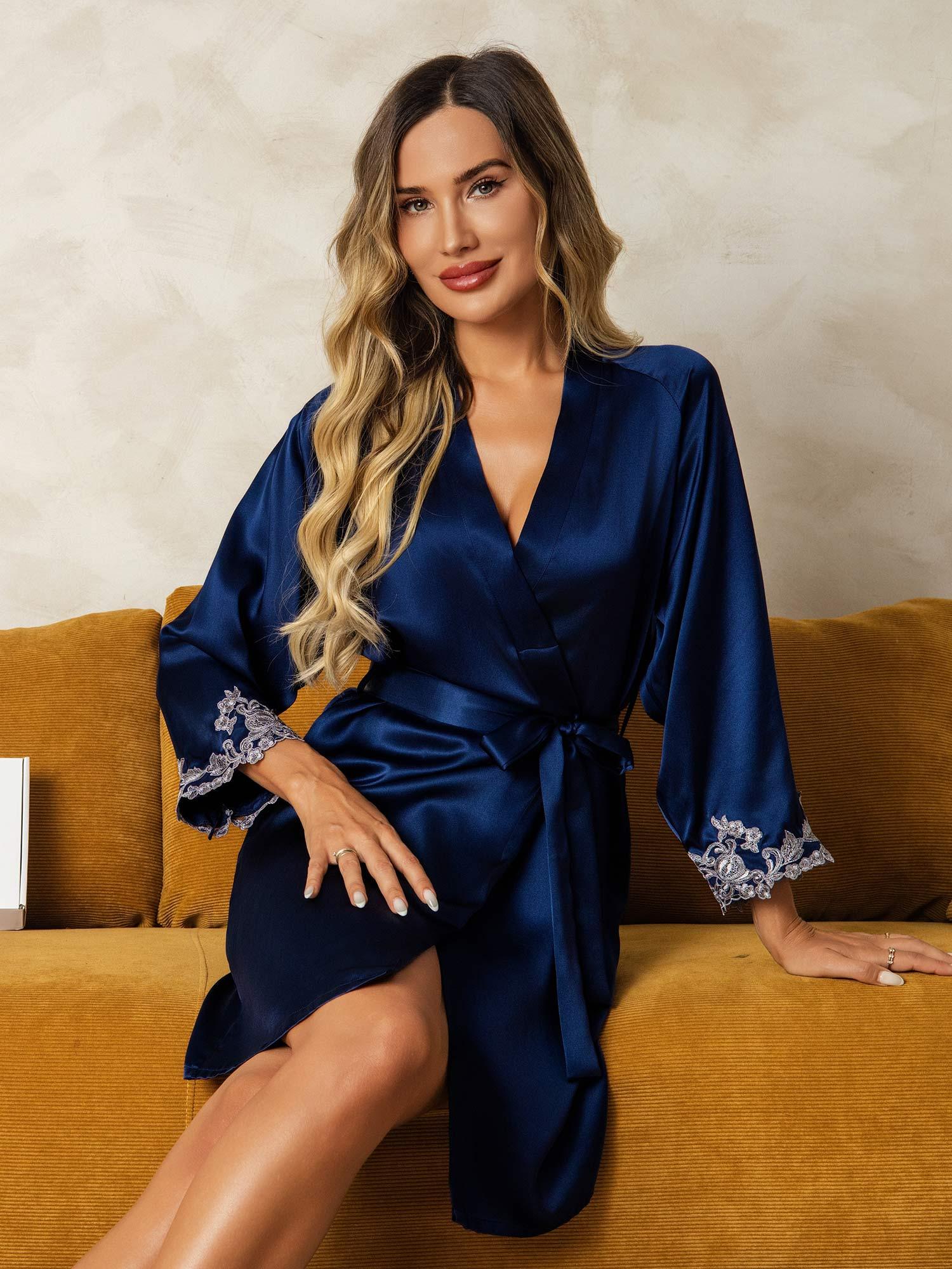 [Dark Blue] SilkSilky  Pure Silk Wrap Women's Robe 004