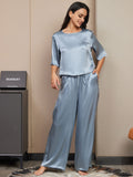 SilkSilky US Pure Silk Half Sleeve Round Neck Women's Pajamas GrayishBlue 003