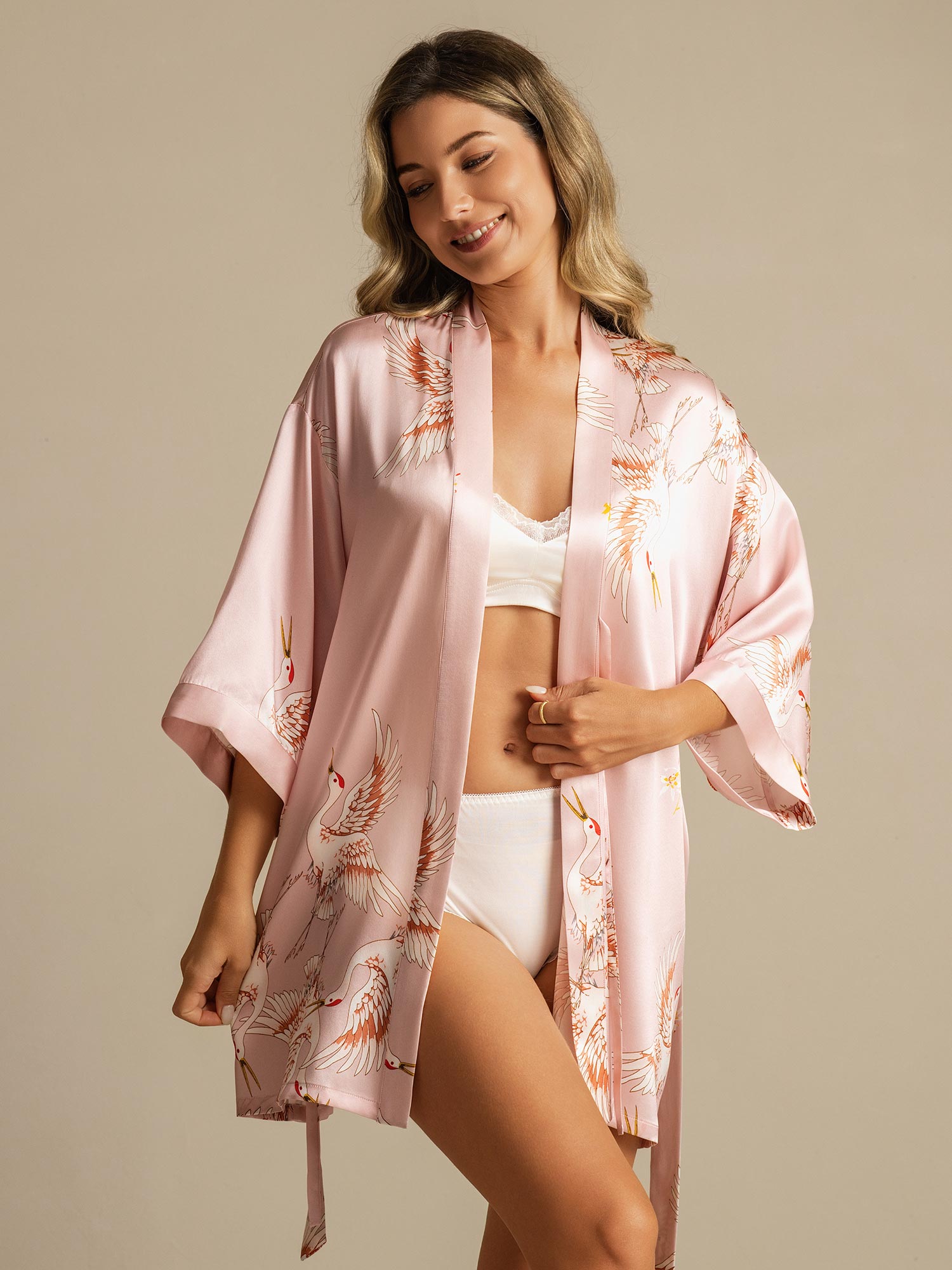 [Pink] SilkSilky  Pure Silk Deep V Neck Women's Robe 003