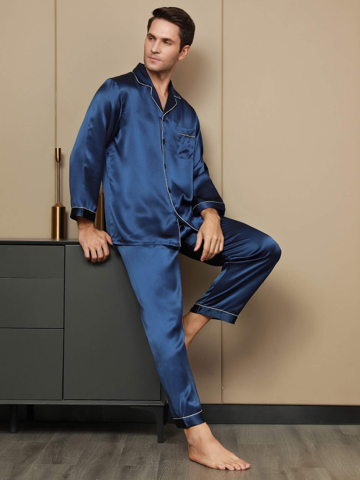 SilkSilky US Pure Silk Long Sleeve Lapel Men's Pajamas DarkBlue 001