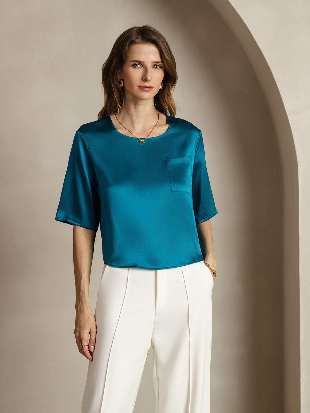 [Teal] SilkSilky  Pure Silk Boat Neck Women's T-Shirt 001