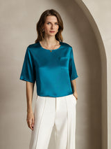 [Teal] SilkSilky  Pure Silk Half Sleeve Scoop Neck Women's T-Shirt 001