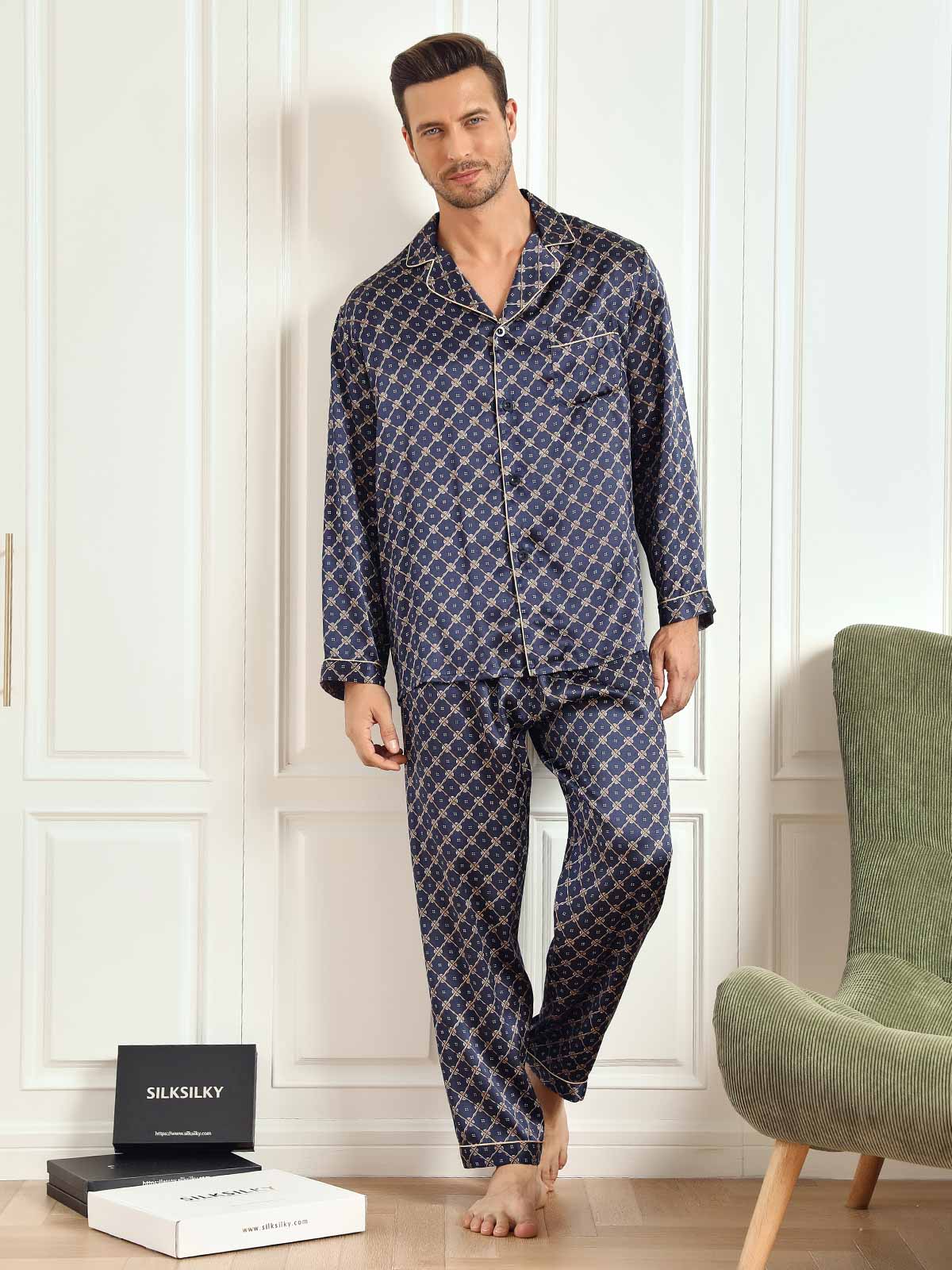 SilkSilky US 19Momme Pure Silk Long Sleeve Lapel Men's Pajamas DarkBlue 002