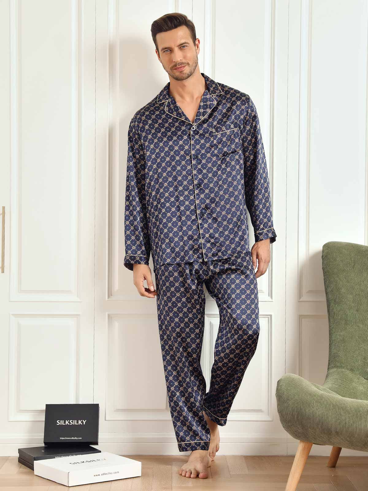 [Navy Chain] SilkSilky  19Momme Pure Silk Mens Pajamas 002