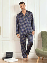 [Navy Chain] SilkSilky  19Momme Long Sleeve Notch Collar Men's Pajamas 002