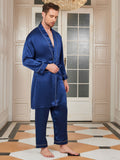 SilkSilky US Pure Silk 3/4 Sleeve Deep V Neck Men's Robe DarkBlue 007