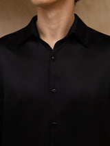 [Black] SilkSilky 19Momme Stretch Silk Charmeuse Long Sleeve Lapel Collar Men's Shirt 006