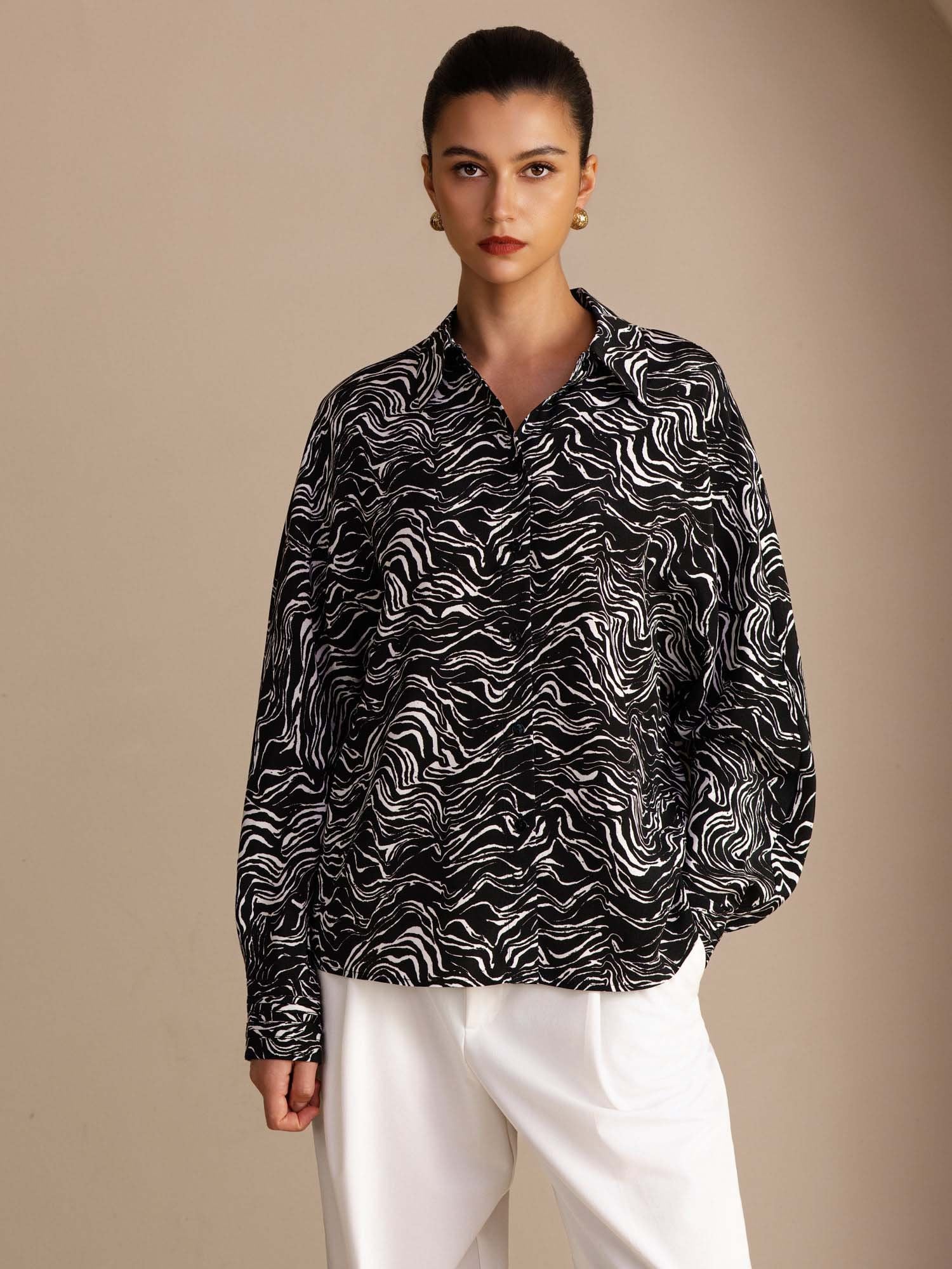 [Black Wave] SilkSilky Long Sleeve Lapel Collar Women's Shirt 001