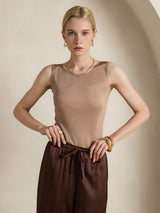 [Coffee] SilkSilky  100% Silk Jersey Sleeveless Round Neck Women's T-Shirt 007