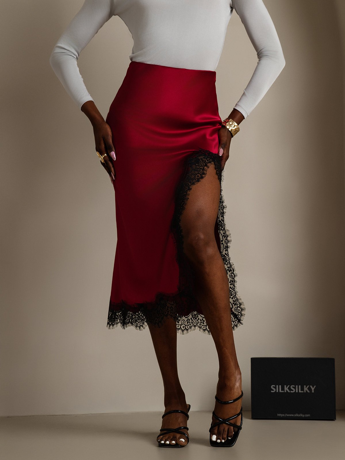 [Wine] SilkSilky  19Momme Silk Split Skirt 003