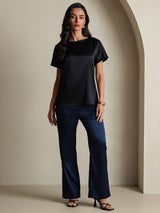 [Black] SilkSilky  19Momme Stretch Silk Charmeuse Short Sleeve Boat Neck Women's T-Shirt 006