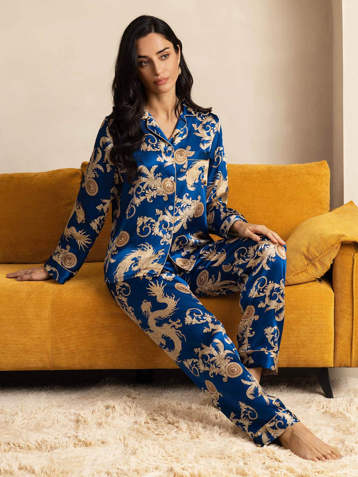 [Navy Dragon] SilkSilky  Pure Silk Womens Pajamas 008