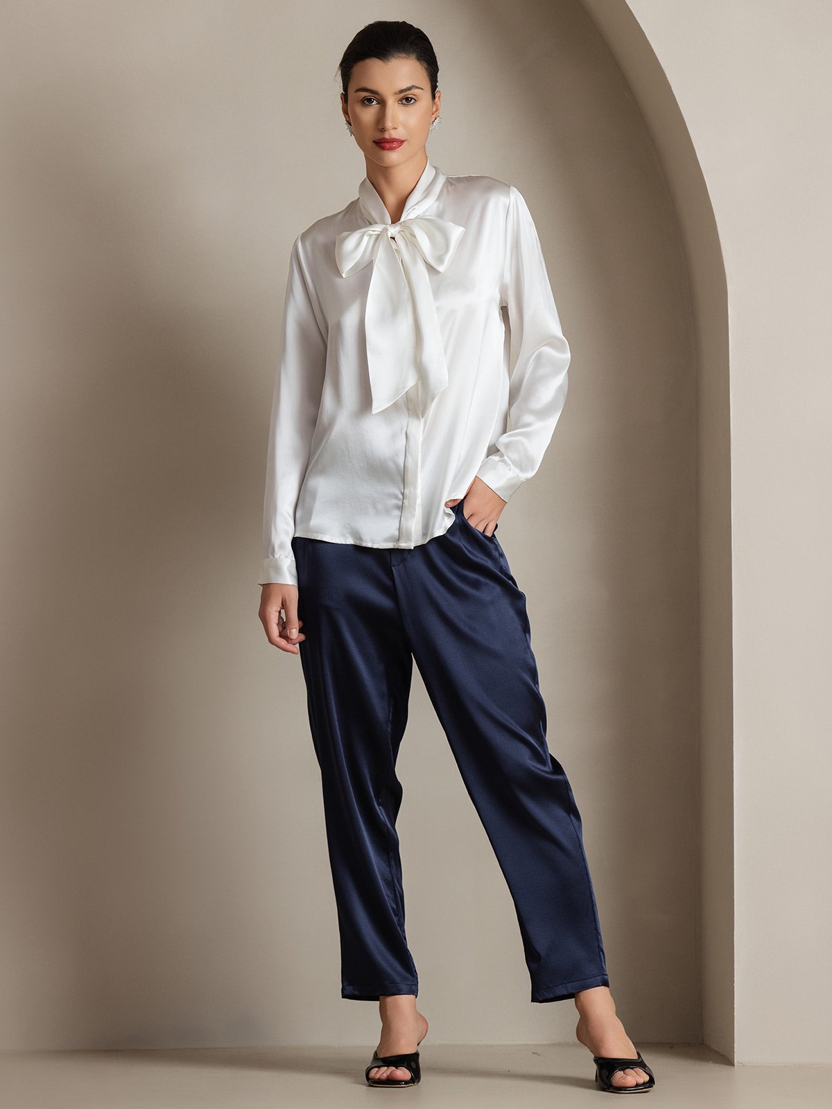 [White] SilkSilky 19Momme Silk Long Sleeve Tie Neck Women's Shirt 004
