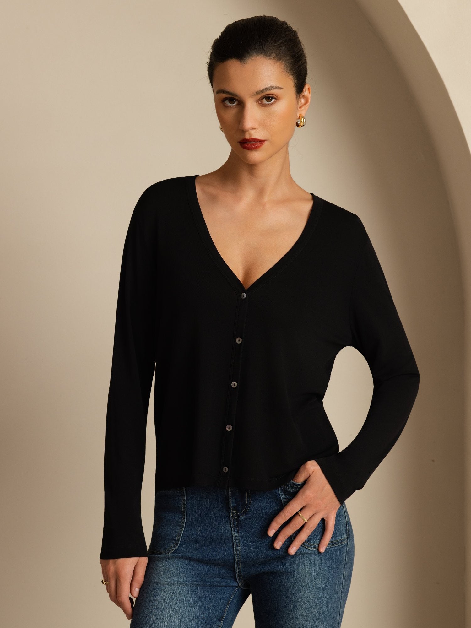 [Black] SilkSilky Silk Long Sleeve V Neck Women's Cardigan 003