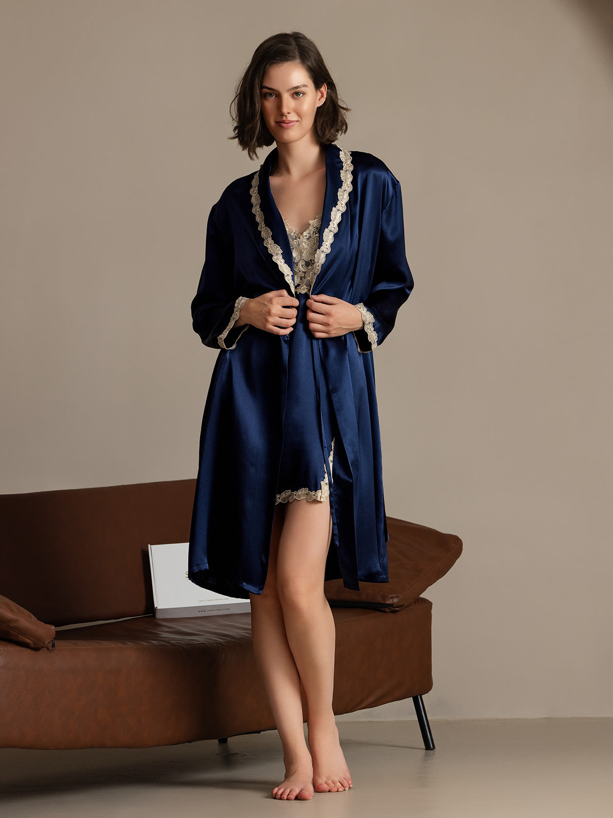 SilkSilky  Pure Silk Long Sleeve V Neck Women's Robe DarkBlue 001