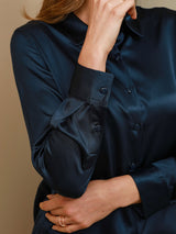 [Dark Blue] SilkSilky  19Momme Stretch Silk Charmeuse Long Sleeve Lapel Collar Women's Shirt 004