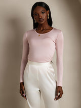 [Coral Pink] SilkSilky  Silk Jersey Long Sleeve Round Neck Women's T-Shirt 003