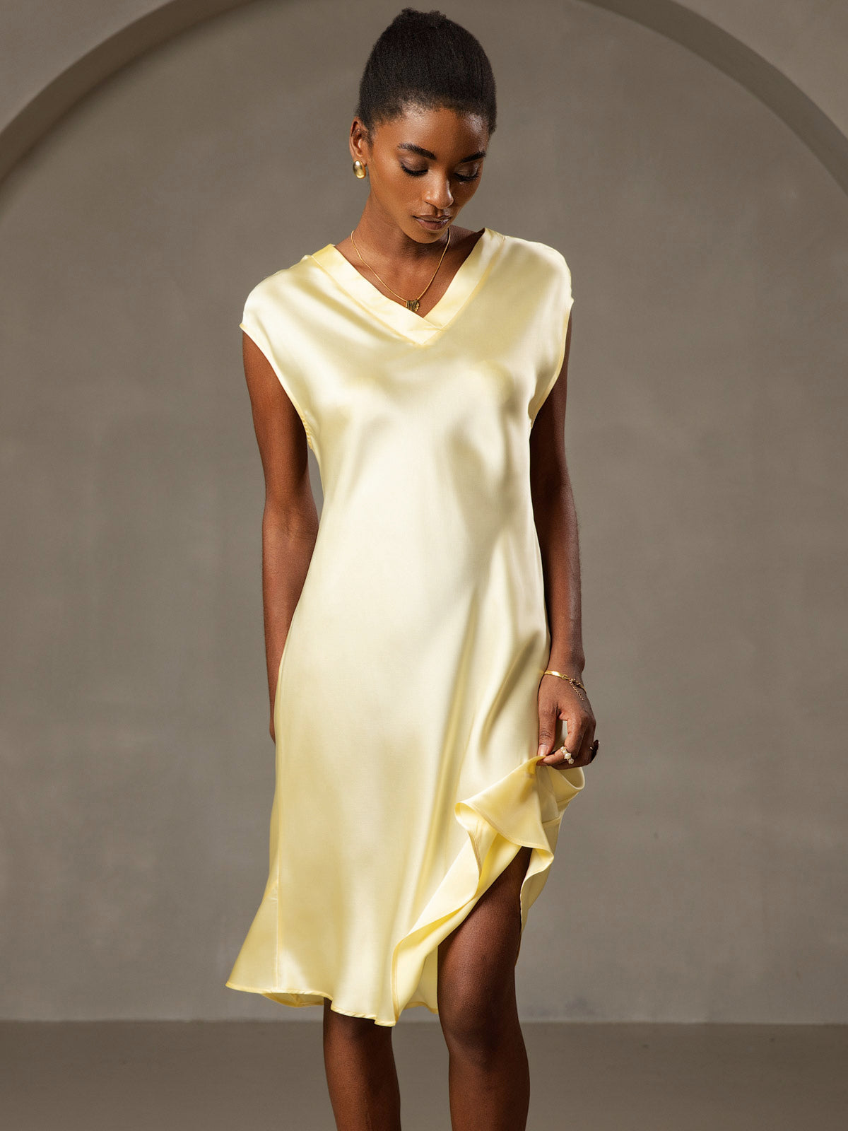 [Yellow] SilkSilky  Pure Silk V Neck Nightgown 005