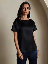 [Black] SilkSilky  19Momme Stretch Silk Charmeuse Short Sleeve Boat Neck Women's T-Shirt 001