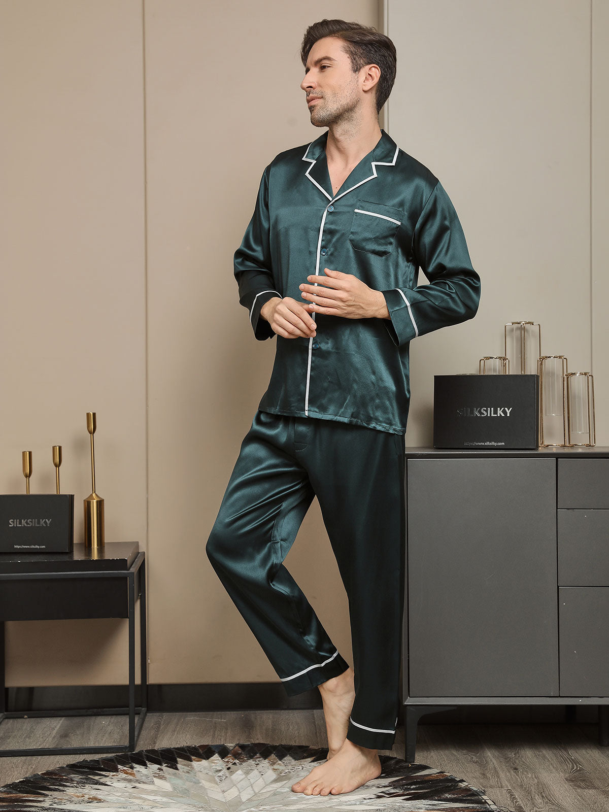 SilkSilky  19Momme Pure Silk Long Sleeve Lapel Men's Pajamas DarkGreen 003