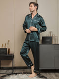 SilkSilky US 19Momme Pure Silk Long Sleeve Lapel Men's Pajamas DarkGreen 003