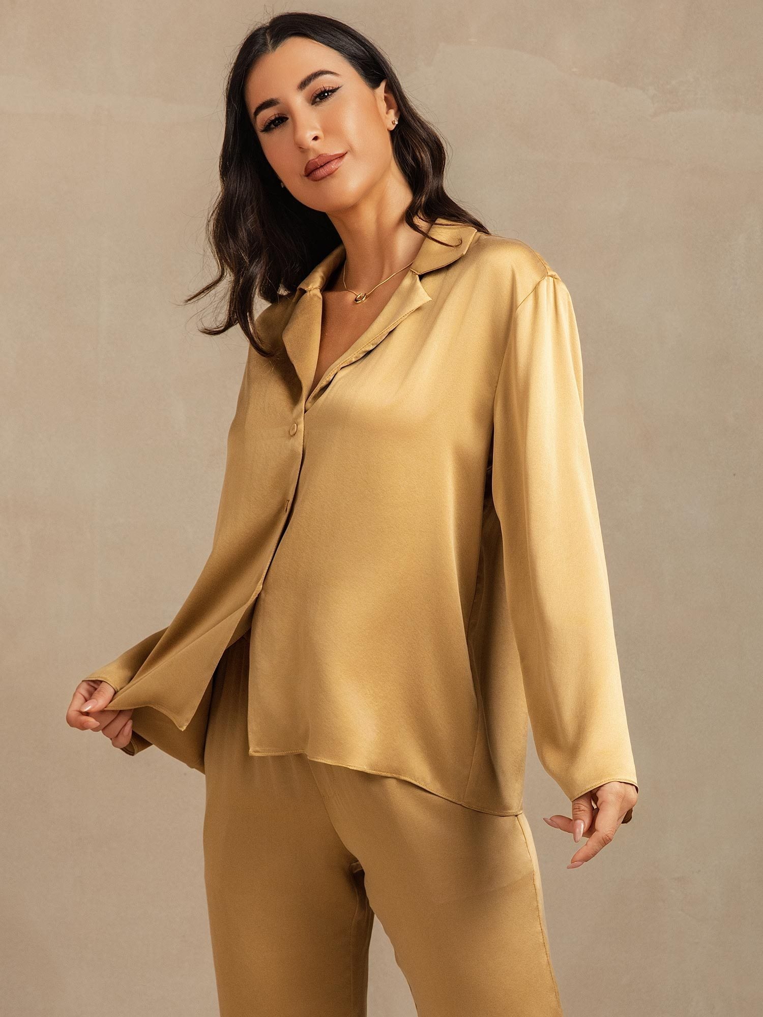 [Tan] SilkSilky 19Momme Silk Notched Neck Women's Pajamas 008
