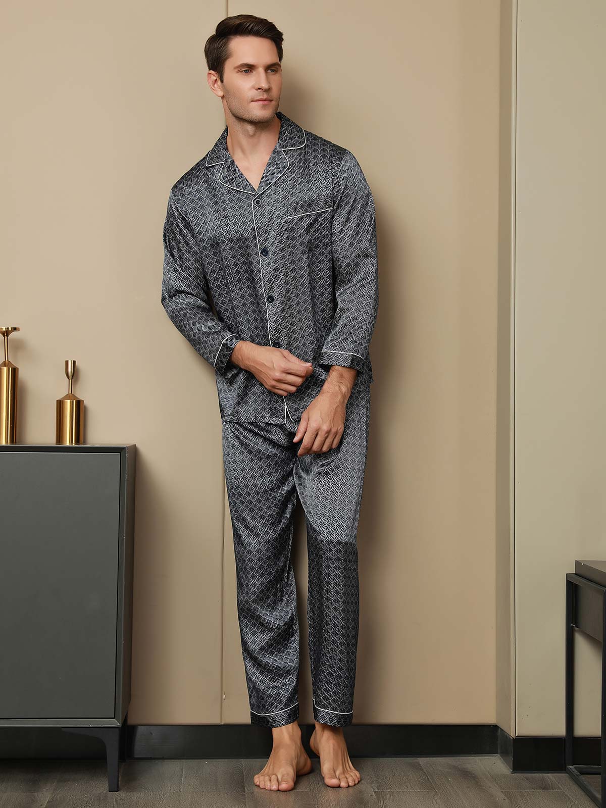 SilkSilky US 19Momme Pure Silk Long Sleeve Lapel Men's Pajamas DarkBlue 004